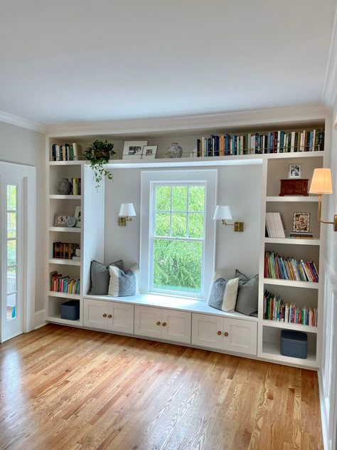 Built-In Window Seat – Hutcheson Design Co Built In Shelves Around Window Bedroom, Library Built Ins Around Window, Built In Bench Window Seat, Built Ins By Window, Built In Shelves Living Room Around Window, Bookshelf With Built In Seating, Built In Around A Window, Bay Window Seat With Bookshelves, Built In Around Bay Window