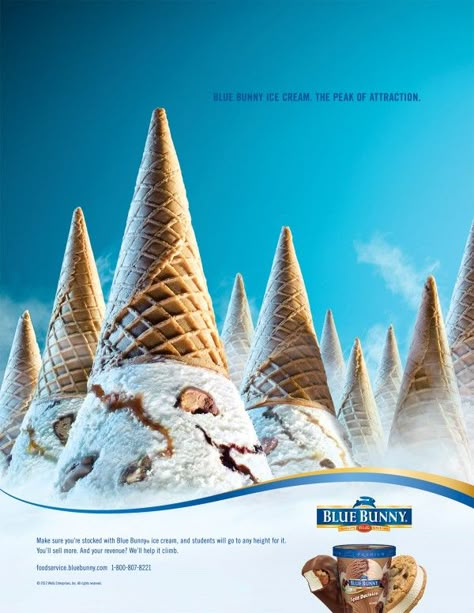 The Peak of Attraction Ad // Blue Bunny Foodservice // Designed by Marlin Ice Cream Advertisement Graphic Design, Bunny Ice Cream, Blue Bunny Ice Cream, Ice Cream Poster, Creative Advertising Design, 광고 디자인, Publicidad Creativa, Food Advertising, Street Marketing