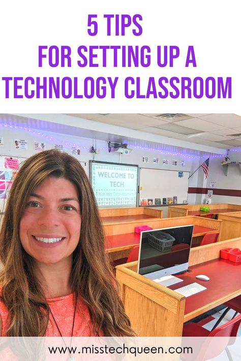 Setting up a Technology Classroom is much different than setting up a traditional classroom. In this blog I talk about 5 tips that have efficiently helped me set up my computer lab throughout the years. This type of classroom setting makes a great learning environment for elementary students! With helpful tips like classroom decor, space planning & classroom organization this will blog will help you set up the perfect technology classroom for your students! #STEM #ComputerLab #TechnologyTeac Computer Lab Ideas Classroom, Computer Science Teacher Elementary, Computer Lab Setup, Computer Lab Classroom Layout, Computer Lab Classroom Decor, Computer Classroom Ideas, Middle School Technology Classroom, Computer Lab Teacher Ideas, Media Classroom Ideas