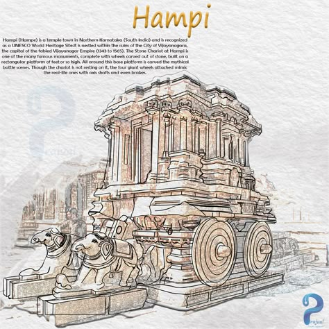 Vittala Temple Hampi Sketches, Famous Monuments Sketches, India Heritage Drawing, Indian Historical Monuments Drawing, Monuments Of India Sketch, Hampi Paintings, Hampi Illustration, South Indian Temple Illustration, Hampi Drawing