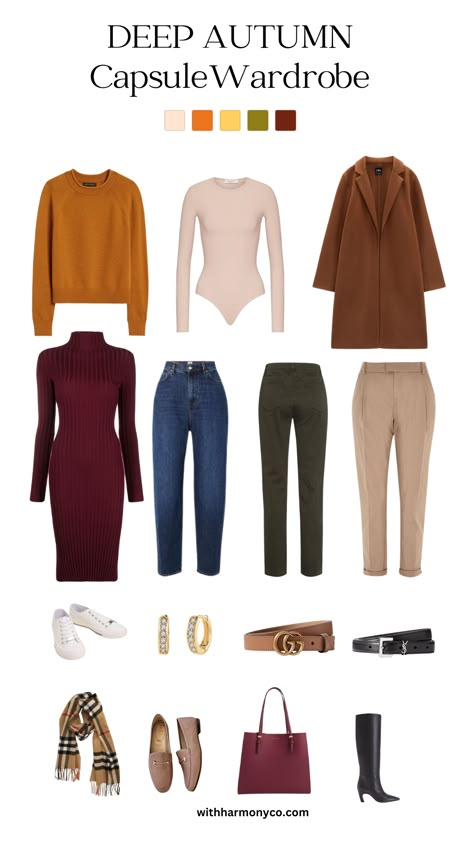 Deep Autumn Wardrobe Palette, Created Colorful Deep Autumn, Clothes For Deep Autumn, Dark Autumn Color Palette Outfit Ideas, Deep Autumn Classic Style, Dark Autumn Color Outfit, Capsule Wardrobe Color Palette Fall, Deep Autumn Accessories, Deep Autumn Clothing