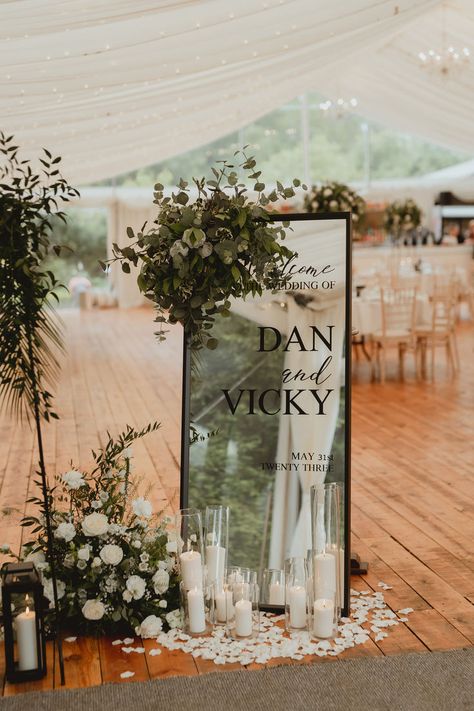 Vicky and Dan's mirrored wedding welcome sign at their black and white themed wedding. White And Black Wedding Decorations, Black White And Green Wedding Ceremony Decor, White And Black Welcome Sign, Black Mirror Welcome Sign Wedding, Wedding Decorations Welcome Sign, Black Wedding Mirror Sign, Mirror Welcome Wedding, Welcoming Mirror Wedding, Black Mirror Wedding Sign