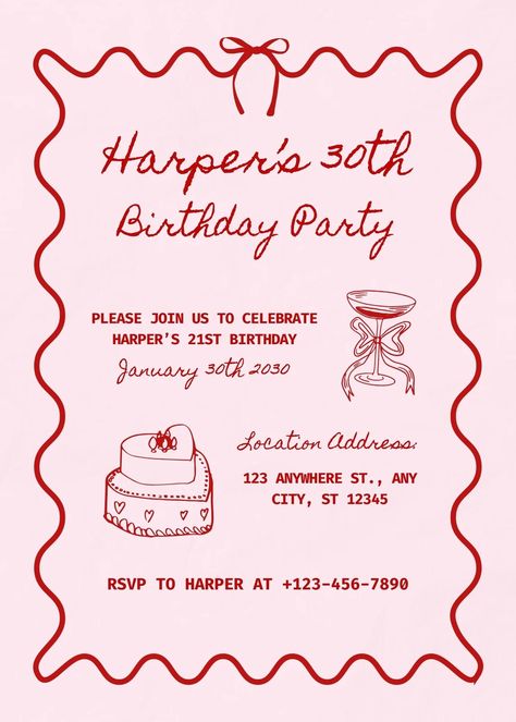 Templates Valentines 30th Birthday, 23 Birthday Invitations, Birthday Invitations Card Design Ideas, Birthday Invite Aesthetic, Canva Birthday Invitation Ideas, 30th Invitation Ideas, Canva Invitation Ideas, Birthday Invitations Aesthetic, Party Invitations Aesthetic