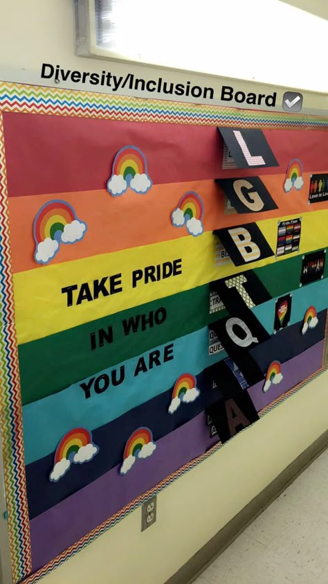 LGBTQIA Bulletin Board Pride Breakroom Ideas, Lgbtq Board Ideas, Lgbtq Ra Bulletin Board, Social Justice Bulletin Board Ideas, Pride Month Office Decor, Pride Board Ideas, Pride Boards For Work, Pride Month Activities For Work, School Pride Bulletin Board