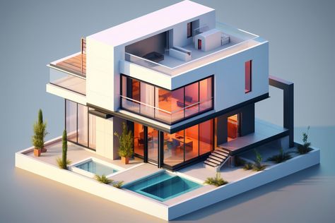 Free Photo | 3d house model with modern architecture 3d Building Design, 3d House, 3d Architecture, Architecture Model House, Level Design, Home Building Design, Space Station, Sustainable Home, Modern Buildings