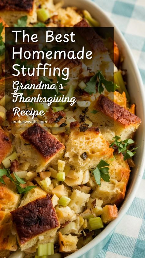 The Best Homemade Stuffing: Grandma's Thanksgiving Recipe Fresh Bread Stuffing Recipe, Stuffing Recipes Small Batch, Best Bread Stuffing Recipe, Best Oven Baked Stuffing Recipe, Stuffing With Fresh Bread, Classic Bread Stuffing, Classic Thanksgiving Stuffing, Homemade Bread Stuffing, The Best Stuffing For Thanksgiving