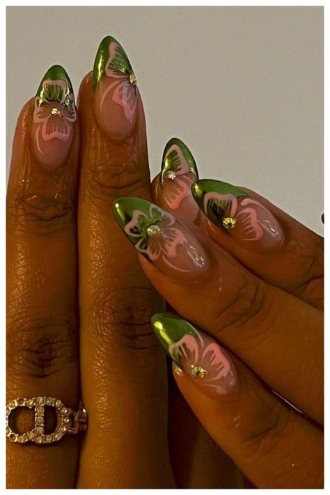 Dominican Nails: Summer 2024 Edition Spring Nails Green, Essence Nails, Spring Nails Gel, Hawaiian Nails, Nails Basic, Tropical Nail Designs, Green Nail Art, Tropical Nails, Spring Acrylic Nails