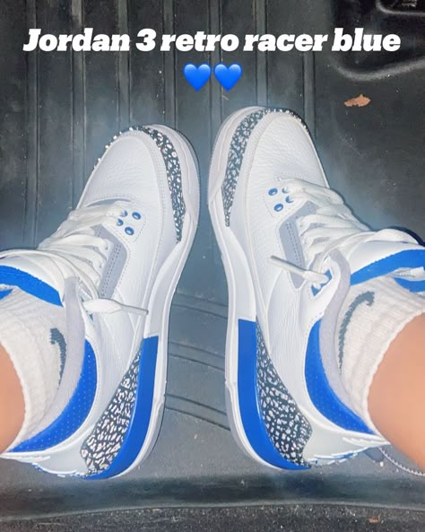 Jordans Retro 4 Women, Blue J4s, Jordan 3 Racer Blue Outfit, Racer Blue 3s Outfit, Blue Jordan 4’s, Jordan 3s Blue, Retro 3 Outfits Jordan, Air Jordan 3 Retro Outfit, White And Blue Jordans