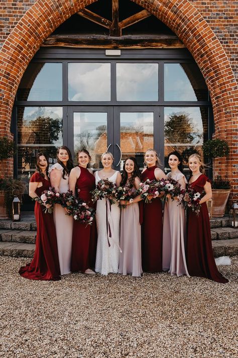 Bridal party wearing mismatched bridesmaid dresses in blush pink and burgundy red shades for autumnal wedding at Wasing Park with bride in fitted wedding dress holding matching bouquets | wedding flowers | wedding bouquets | bridesmaid dress ideas | country house wedding | Jessica Grace Photography Mismatched Burgundy Bridesmaid Dresses, Burgandy Bridesmaids Dress, Dark Red Bridesmaid Dresses, Pink And Burgundy Wedding, Wasing Park, Burgundy And Blush Wedding, Blush Pink Bridesmaids, Gorgeous Bridesmaid Dresses, Wedding Color Pallet