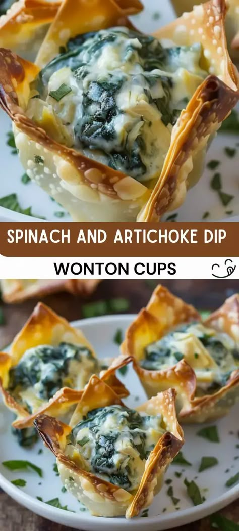 Spinach and Artichoke Dip Wonton Cups Recipe Spinach Artichoke Cups, Spinach Artichoke Bites, Artichoke Bites, Wonton Appetizers, Spinach Artichoke Dip Easy, Wonton Wrapper Recipes, Creamy Spinach Dip, Crispy Wonton, Spinach And Artichoke Dip