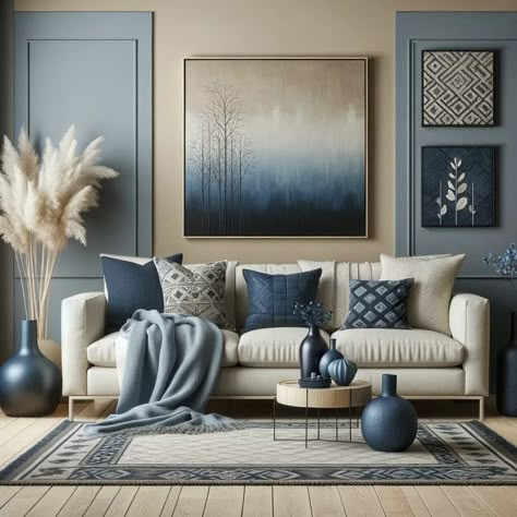 midnight blue and beige living room Beige Gold Blue Living Room, Navy Blue And Light Blue Living Room, Blue Taupe Living Room, Navy And Beige Living Room Decor, Blue Brown Gold Living Room Decor, Powder Blue Walls Living Room, Light Blue Living Room Aesthetic, Blue Decor Aesthetic, Blue Livingrooms Design Ideas