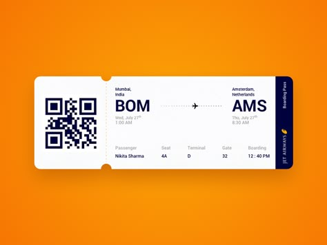 Digital Boarding Pass Design, Boarding Pass Aesthetic, Flight Ticket Design, Boarding Pass Design, Boarding Ticket, Nikita Sharma, Travel Advertising Design, Airlines Branding, Boarding Pass Template