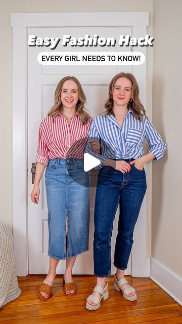 How To Style Collared Shirt Women, Tuck Shirt Into Skirt, How To Style A Striped Button Down Shirt, Tuck Button Down Shirt Women, How To Style A Collared Shirt, How To Tuck In A Button Up Shirt, How To Style Shirt In Different Ways, How To Style Blouse, How To Button A Shirt Hack