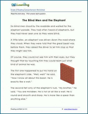 "The Blind Men and the Elephant" - kids story.  Fiction, 420 words.  Comprehension questions follow the story.  These historical stories or fables and worksheets provide reading practice for elementary school kids; free from K5 Learning.  No registration required. Log Math, Kindergarten Grammar, Early Science, Cursive Writing Worksheets, Comprehension Exercises, Reading Comprehension Questions, Grade Spelling, Kids Story, Kindergarten Resources