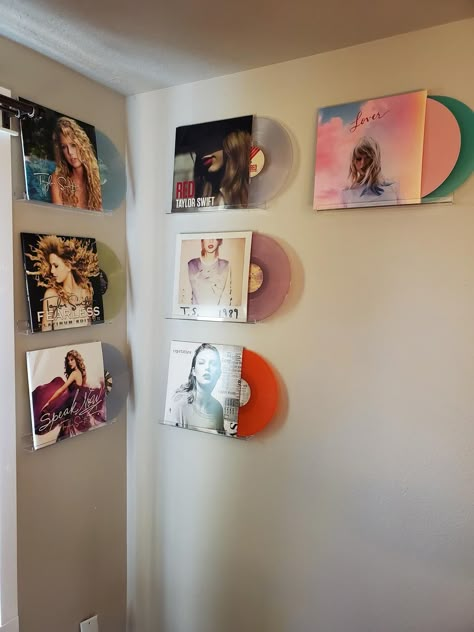 Got my babies displayed finally! Taylor Swift Vinyls On Wall, Taylor Swift Vinyl Rsd, Vinyl Display Aesthetic, Taylor Swift Merch Display, Taylor Swift Vinyl Display, Taylor Swift Display, Taylor Swift Record Wall, Vinyl Record Display Ideas, Vinyl Wall Display