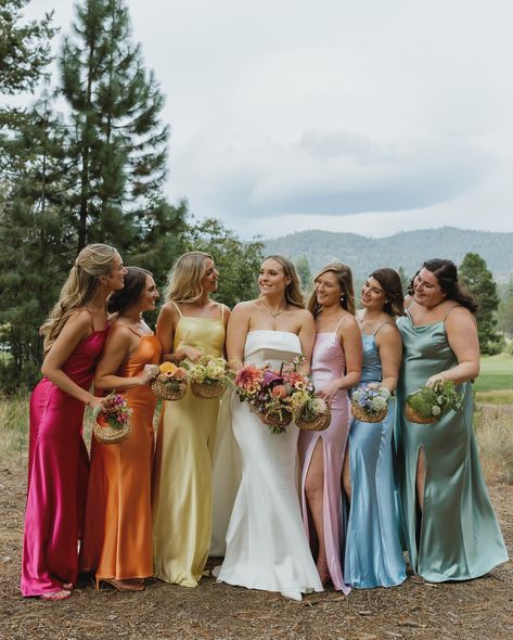 Different Color Bridesmaid Dresses With Groomsmen, Colorful Bridesmaids And Groomsmen, Sunrise Bridesmaid Dresses, Bridesmaid Colorful Dresses, Wildflower Wedding Bridesmaids Dresses, Multicolor Wedding Party, Bridesmaid Dresses Bright Colors, Bright Mismatched Bridesmaid Dresses, Spring Wedding Colors Bridesmaid Dress