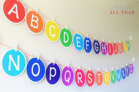 Colorful alphabet set, ready to print and display!  #classroombanner #classroomposters #alphabetsign #classroompennant #classroomdecor #alphabetbanner #abcbanner #backtoschool #printme #celebrateallyear https://etsy.me/31Eo141 Alphabet Decoration Ideas, Nursery Class Decoration, Alphabet Decoration, Classroom Alphabet, Diy Tableau, Letters Ideas, Alphabet Display, Alphabet Banner, Preschool Decor