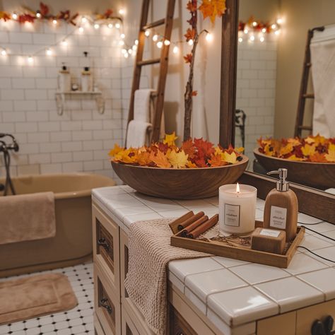 Bathroom Fall Decor Ideas 😍🧡🧡 Fall Aesthetic Bathroom, Fall Themed Bathroom, Bloxburg Autumn, Minimalist Family Home, Sugar Aesthetic, Autumn Bathroom, Thanksgiving Dinner Table Setting, Fall Bathroom Decor Ideas, Bloxburg Home Ideas