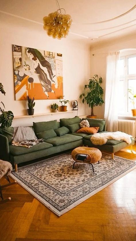 Coloured Rug Living Room, Colourful Cozy Home, Couch Colour Ideas, Green Corduroy Couch Living Room Ideas, Colourful Couches Living Room, Colourful Interior Design Living Rooms, Green Couch Rug Ideas, Boho Sofa Ideas, Colour House Interior Inspiration