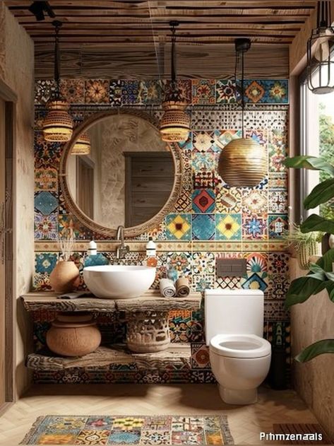 Costa Rica Bathroom Ideas, Small Turkish Bathroom Ideas, Mixed Tile Bathroom Wall, Spanish Bathroom Hacienda Style Mexican Tiles, Bathroom Mixed Tiles, Decorated Ceilings Ideas, Mirror Tiles Bathroom, Decorated Bathroom, Beautiful Toilet