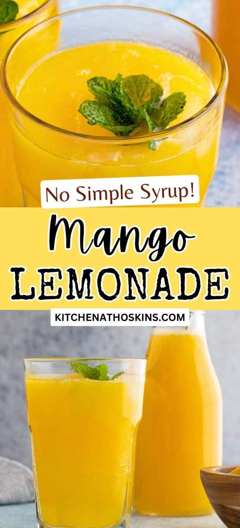 Learn how to make homemade mango lemonade recipe without simple syrup and with fresh mangoes. This non alcoholic summer drink is perfect for kids or for a party. Get the easy mango lemonade recipe at kitchenathoskins.com. Fresh Fruit Drinks Homemade, Strawberry Mango Lemonade, Yummy Summer Drinks Non Alcoholic, Mango Punch Non Alcoholic, Cool Non Alcoholic Drinks, Fruit Drinks Non Alcoholic, Mango Drink Recipes, Pretty Lemonade, Lemonade With Lemon Juice