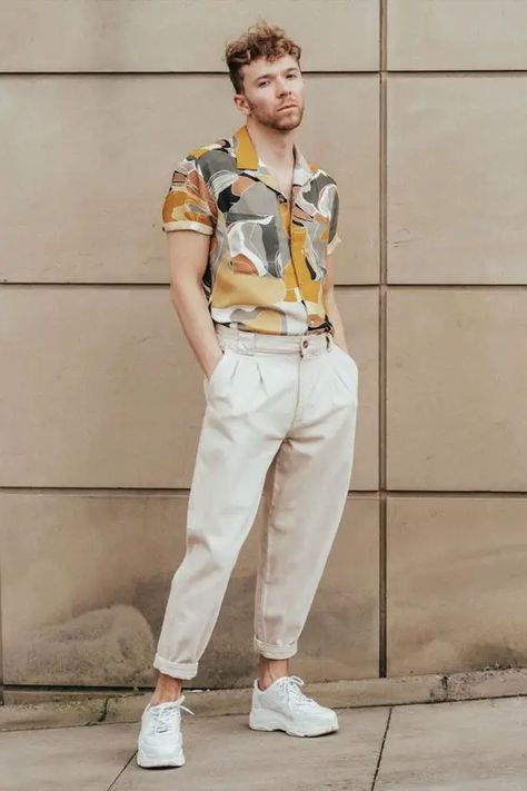 Dress to Impress: Top 18 Men’s Holiday Outfit Ideas for a Stylish Summer 2024 | Men's Fashion Printed Mens Shirts, Holiday Wear Men, Fun Mens Outfits, Creative Men Outfits, Colourful Mens Outfits, Art Gallery Outfit Men, Inverted Triangle Outfits Men, Mens Trendy Outfits Summer, Floral Shirt Men Outfit