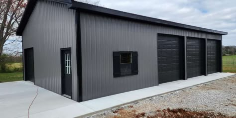 Charcoal And Black Metal Building, Pole Shed Ideas, Metal Shop Colors, Metal Shop Building 40x60, Pole Barn Colors Scheme, Metal Garage Ideas, Farm Shop Buildings, Black Pole Barns, Barndo House Plans