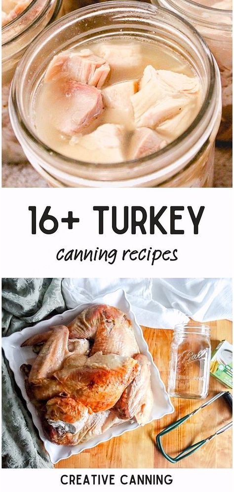 Dive into these 16+ turkey canning recipes, a key component of home canned meats recipes. Whether you're dealing with leftover turkey or just bought turkey in bulk, these recipes have you covered. From canning turkey meat to making broth, soup, pot pie filling, and stock from the carcass, they're adaptable for both cooked and raw turkey. Explore more pressure canning recipes, canning meals in jars, and meal canning recipes at creativecanning.com How To Can Turkey Meat, Pressure Canning Beef Stew Recipes, Turkey Canning Recipes, How To Can Soup With Meat, Canning Turkey Recipes, Pressure Canned Chicken Recipes, Canning Turkey Pot Pie Filling, Home Canned Soup Recipes, Canning Meat Recipes