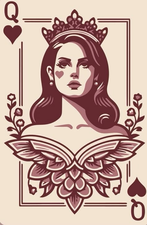 Cartoon Queen Of Hearts, Queen Of Hearts Playing Card Art, Queen Of Hearts Wall Art, Queen Card Art, Queen Of Hearts Card Art, Royal Art Aesthetic, Queen Of Hearts Card Aesthetic, Queen Aesthetic Drawing, Queen Card Drawing