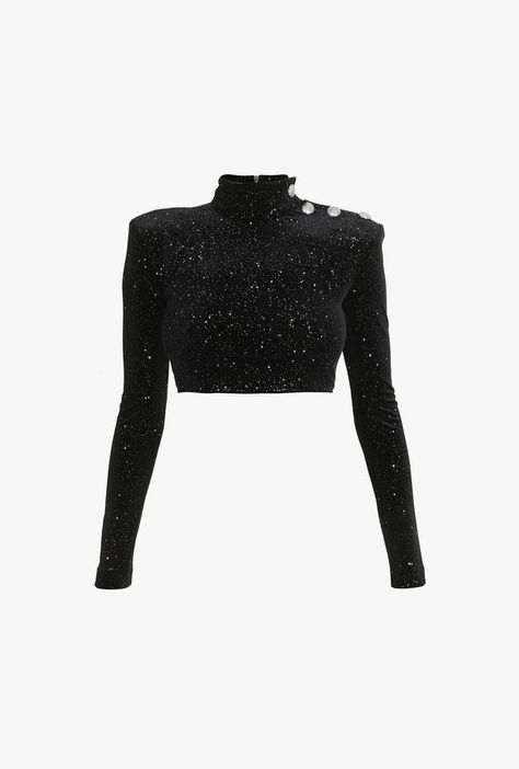 Balmain - Glittered velvet black crop top ($1,295) Glitter Tops Outfit, Crop Top Styles, Glitter Fashion, Tops Outfit, Glitter Top, Velvet Crop Top, Wear Crop Top, Outfit Party, Stage Outfit