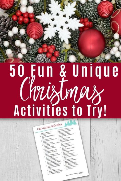 Creating a Christmas bucket list is a great way to make sure you do all the fun Christmas activities you are hoping to do this year. Get a list of 50 activities you may want to try this year. Ideas For Christmas Activities, Christmas Entertainment Ideas, Christmas Activity Ideas For Adults, Fun Christmas Activities For Adults, Christmas Activities For Workplace, Things To Do On Christmas Day, Christmas Work Activities, Christmas Activities For Work, Christmas Bucket List Family