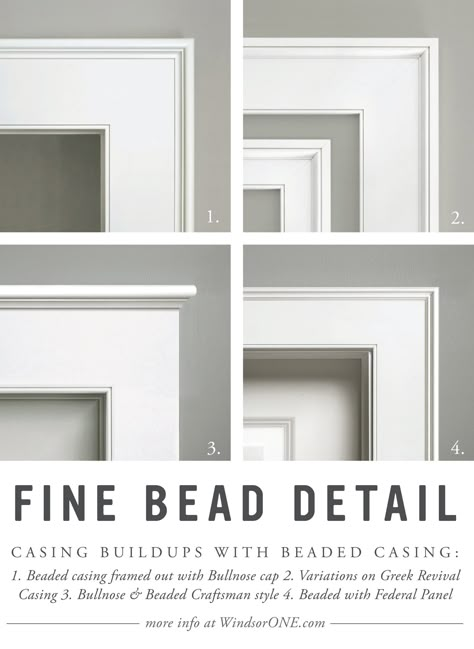 Variations of beaded casing buildups; Smooth casings accented by a fine bead and detail moldings. More info & a variety of primed wood ideas at WindsorONE.com. Mitered Door Casing, Trim And Casing Ideas, Modern Door Trim Ideas Moldings, Window And Door Casing Ideas, Beaded And Bullnose Trim, Interior Door And Window Trim, Contemporary Moldings And Trim, Door Casing Ideas Modern, Picture Frame Door Casing