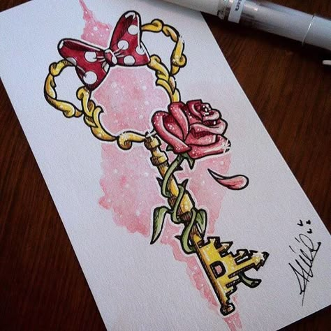 Minnie key Beast Tattoo, Tattoo Disney, Disney Sleeve, Disney Paintings, Cute Disney Drawings, Pinturas Disney, Disney Tattoos, Tattoo Sleeve, Pen And Paper