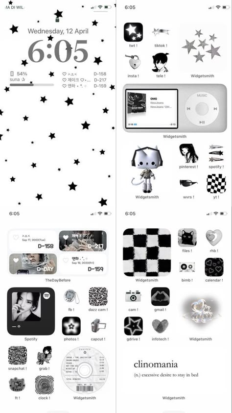 Black And White Aesthetic Phone Layout, Homescreen Widget Ideas Aesthetic, White Phone Theme Ideas, Phone Layouts Ideas, Star Ios Layout, Cute Phone Themes Black, Iphone Inspo Home Screen Ios 16, Black And White Widget Medium, This Or That My Type Template Tiktok