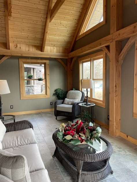 Cabin Bedroom Wall Color, Post And Beam Wall Colors, Indoor Cabin Paint Colors, Wall Colors For Cabin, Cabin Wall Paint Colors, Lake Cabin Interiors Living Room, Update Log Cabin Interior, Log Cabin Wall Colors, Paint Colors With Pine Trim