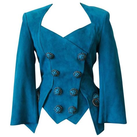 18th Century Jacket, Buttons And Bows, Upcycle Clothes Diy, Concept Clothing, Teal Leather, Quilted Pattern, Double Breasted Jacket, Coat Design, Leather Blazer