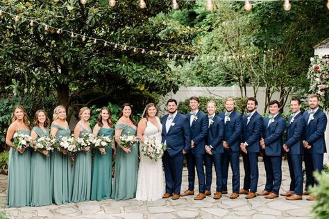 Sea Glass Bridal Party, Eucalyptus And Navy Wedding, Summer Wedding Party Attire, Navy Blue Groomsmen, Rose Color Palette, Navy Wedding Colors, Blue Groomsmen, Sage Green Tie, Blue Green Wedding