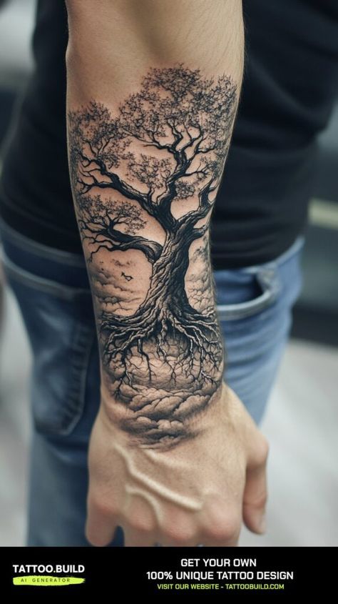 Word Tree Tattoo, Tree Of Life Tattoo For Women On Leg, Tree Of Life Tattoo With Flowers, Tree Of Life With Clock Tattoo, Willow Tree Tattoo Forearm, Back Of Arm Tree Tattoo, Mens Tree Of Life Tattoo, Life Tree Tattoo Men, Deku Tree Tattoo