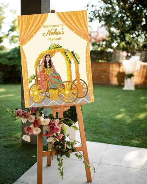 Haldi Decore Idea, Mehendi Board Decor, Mehandi Decorations Ideas, Mehndi And Haldi Decor, Desi Wedding Decor Mehndi Stage, Mehndi Board Ideas, Haldi Event Ideas, Mehndi Sign Board, Mehandi Decoration Indian Weddings