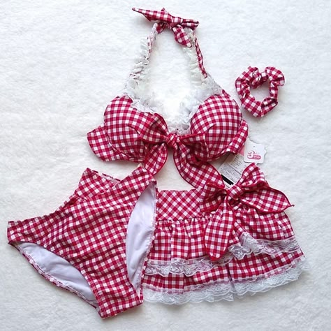 NWT kawaii red gingham Japanese brand swimsuit... - Depop Cute Skirt Swimsuit, Shoujo Swimming Suit, Shoujo Bathing Suit, Shojo Swimsuit, Shoujo Swimwear, Gyaru Swimwear, Kawaii Swimsuit Bikinis, Gyaru Swimsuit, Japanese Swimming Suit