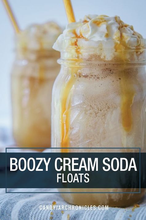 Boozy Cream Soda Floats is THE ice cream treat for summer. An easy recipe mixing vanilla ice cream, A&W cream soda and spiced rum creates a fizzy, creamy adult drink. Perfect for hot days. Looking for a non-alcoholic version suitable for the kiddos, just omit the booze. Finish it off with whipped cream and caramel sauce  #icecreamfloat #creamsoda #floats #booze via @Candy Jar Chronicles Alcoholic Ice Cream, Soda Float, Boozy Ice Cream, Ice Cream Cocktails, Boozy Milkshake, Float Recipes, Soda Floats, Creamy Cocktails, Cream Drinks