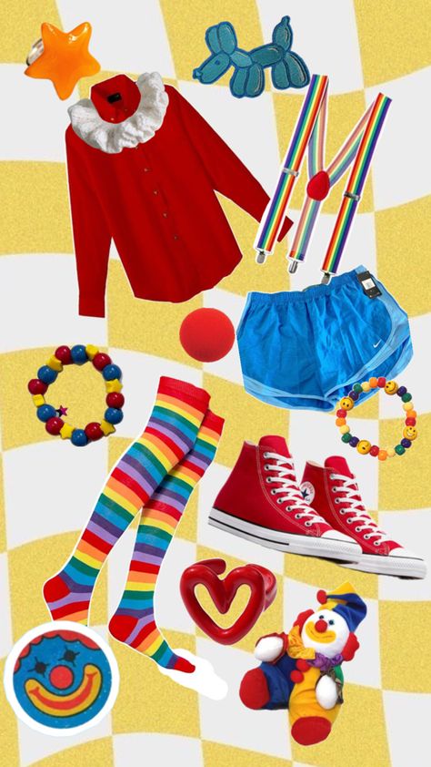 clown clowncore outfit kidcore costume halloween Casual Clown Outfit, Clown Aesthetic Outfit, Clown Core Outfit, Clown Outfit Ideas, Clown Fit, Weirdcore Clothes, Types Of Clowns, Clown Ideas, Clowncore Outfit