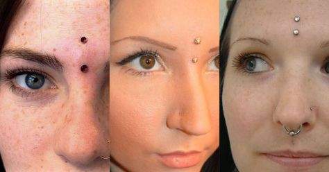 Third Eye Piercing, Bridge Piercing, Surface Piercing, Septum Piercing Jewelry, Spiritual Eyes, Eye Piercing, Face Piercings, Cool Piercings, Lip Piercing