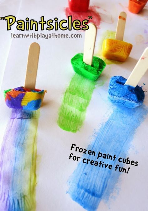 Learn with Play at Home: Paintsicles. Frozen paint cubes for creative fun. Frozen Paint, Frozen Painting, Open Ended Art, Toddler Snacks, Toddler Art, Toddler Fun, Preschool Fun, Kid Activities, Sensory Activities