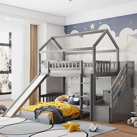 Amazon.com: House Bed Bunk Beds with Slide , MERITLINE Wood Twin Bunk Bed with Stairs for Kids , House Bunk Beds with Roof and Two Drawers for Boys or Girls, No Box Spring Needed, Gray : Everything Else Storage Steps, House Bunk Bed, Bunk Bed With Slide, Twin Over Full Bunk Bed, House Roof Design, Wood Bunk Beds, Bunk Beds With Stairs, Box Springs, Full Bunk Beds