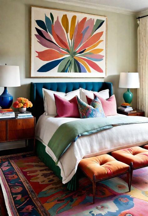 White Room Pop Of Color Bedroom, Bright Mid Century Modern Bedroom, Eclectic Interior Design Vintage Bedroom, Colorful Feminine Bedroom, Fun Master Bedrooms Decor, Pink And Blue Master Bedrooms Decor, Bright Guest Bedroom, Master Bedrooms Colorful, Primary Colors Bedroom