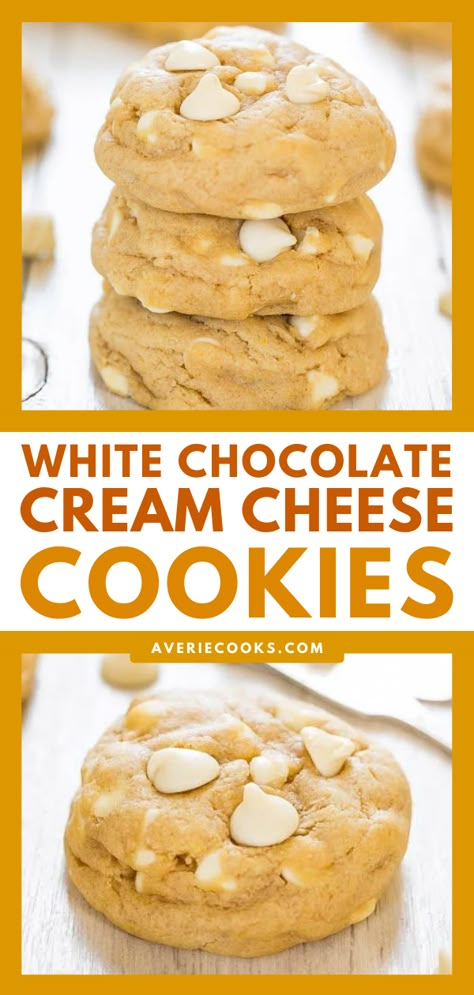 Chocolate Cream Cheese Cookies, White Chocolate Chips Recipes, White Chocolate Chip Cookies Recipes, Cream Cheese Cookie Recipe, Chips Recipes, White Chocolate Cream, Cookie Recipe Video, Averie Cooks, Best Cookies Ever