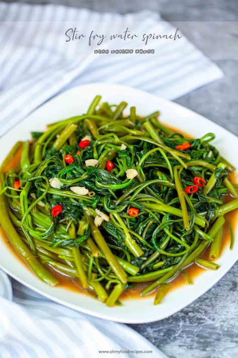 Stir Fried Water Spinach with Shrimp Paste | Oh My Food Recipes Squid Luau Recipe, Water Spinach Recipe, Shrimp Paste Recipe, Kangkong Recipe, Rice Dumplings Recipe, Stir Fry Vegetable, Simple Stir Fry, Pickled Mustard Greens, Veggie Salads