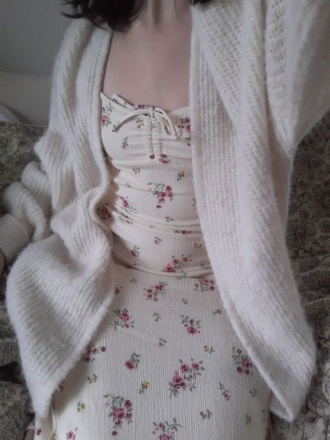 Coquette Dress With Cardigan, White Floral Dress With Cardigan, White Dress With Cardigan Summer Outfits, Cute Dress With Cardigan, Sun Dress With Cardigan, Cardigan Dress Outfit Aesthetic, White Cardigan With Dress, Sundress And Cardigan Outfit, Long Cardigan Outfit Aesthetic