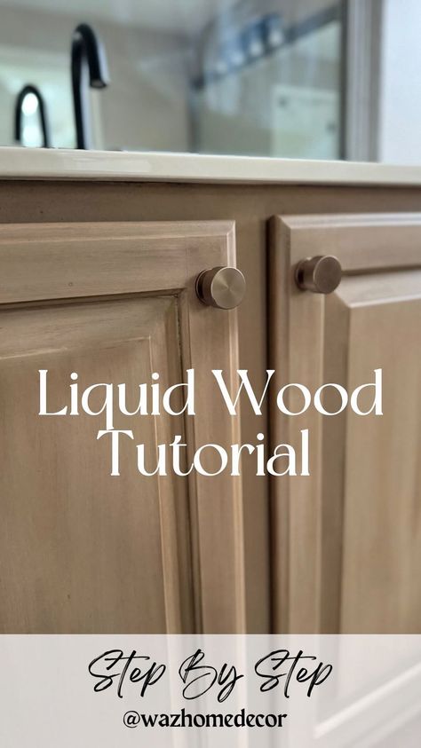 MICHELLE | Neutral Modern Home | Staining HACK!!! Here’s a liquid wood tutorial 🤩. Can you believe I didn’t sand these cabinets? And it cost me less than $50 to refinish… | Instagram How To Re Stain Kitchen Cabinets, Stained And Painted Cabinets Mixing, Staining Cupboards Kitchens, Distressed Cabinets Diy, How To Make White Cabinets Look Like Wood, Changing Cabinet Color, Neutral Kitchen With Wood Cabinets, Sand Color Furniture, Staining Over White Paint